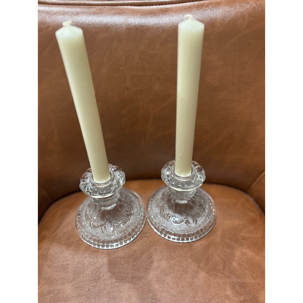 Vintage Pressed Glass Candlestick Holders Pair Floral Scroll Pattern Clear 4in